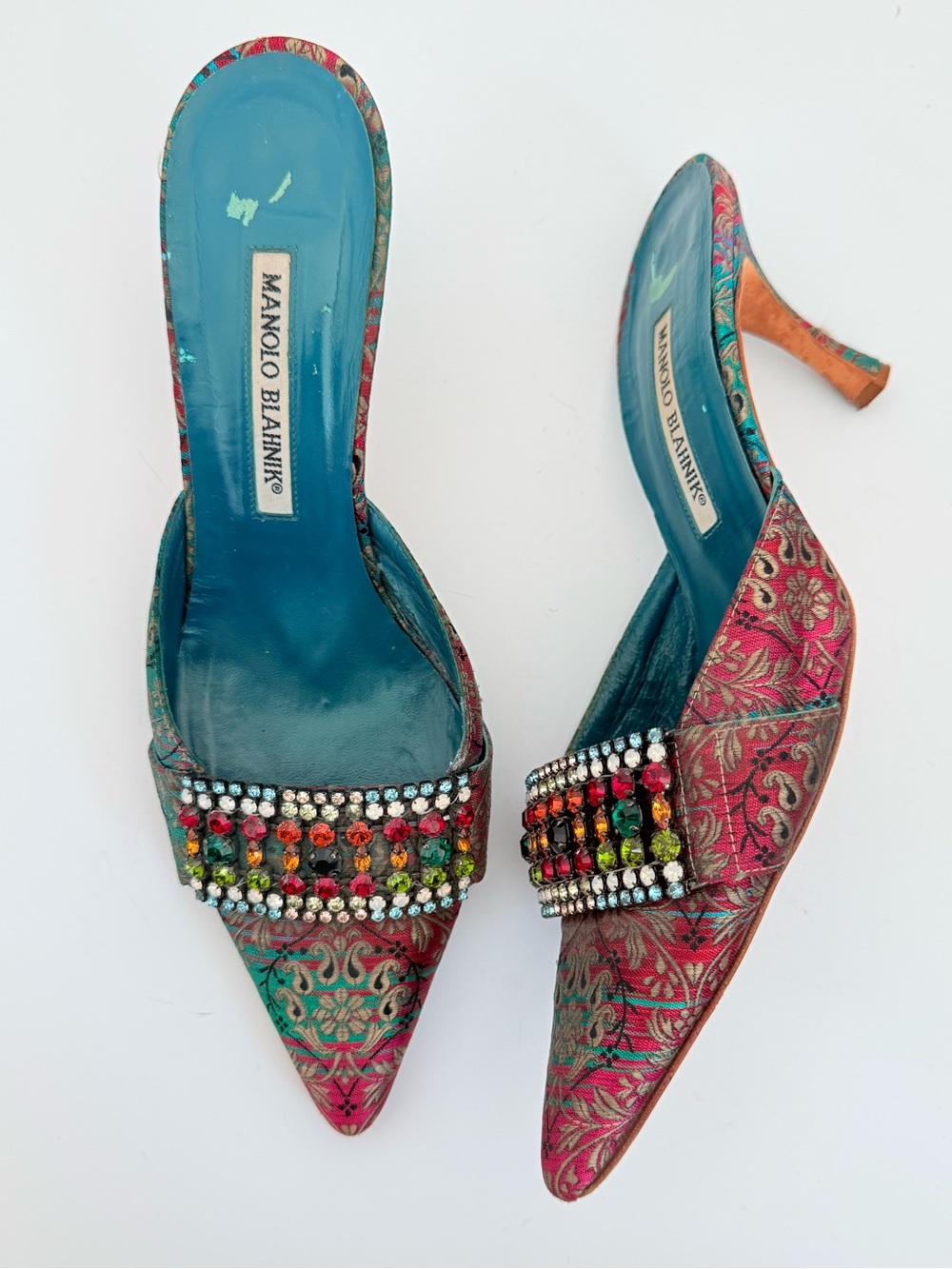 Vintage Manolo Blahnik Y2K Jeweled Paisley Brocade Crystal Mules Heels 39.5